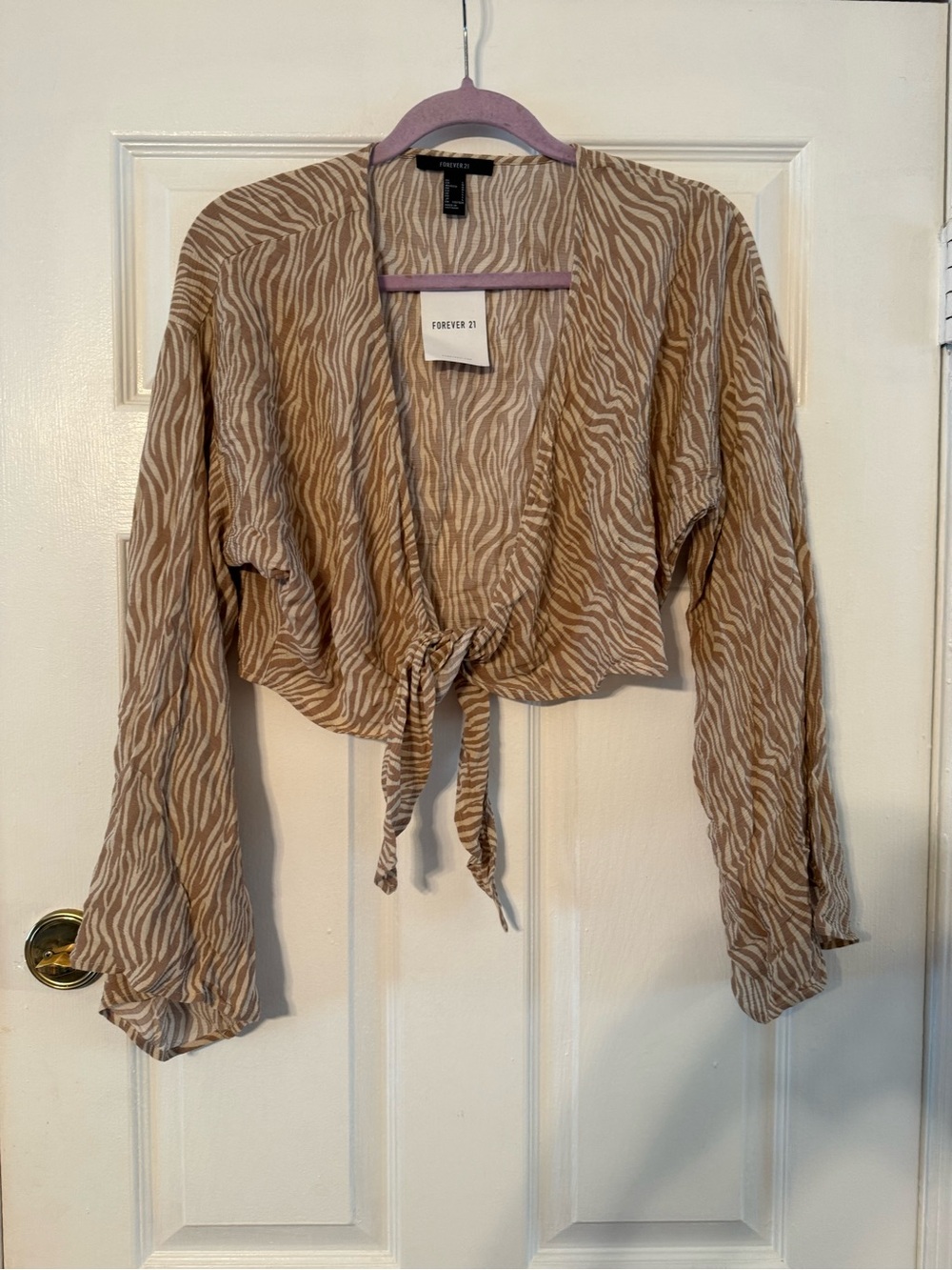 Forever 21 Tan Zebra-Print Tie Front Blouse